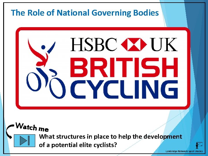 The Role of National Governing Bodies Watch me What structures in place to help