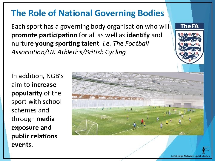 The Role of National Governing Bodies Each sport has a governing body organisation who