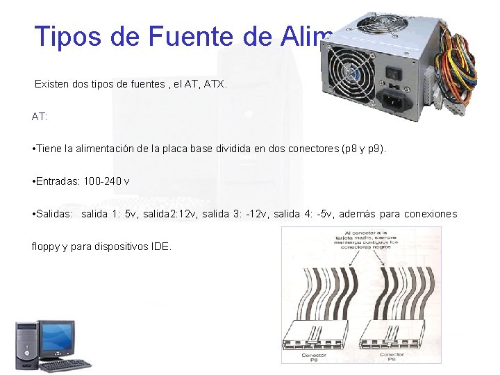 Tipos de Fuente de Alimentación Existen dos tipos de fuentes , el AT, ATX.