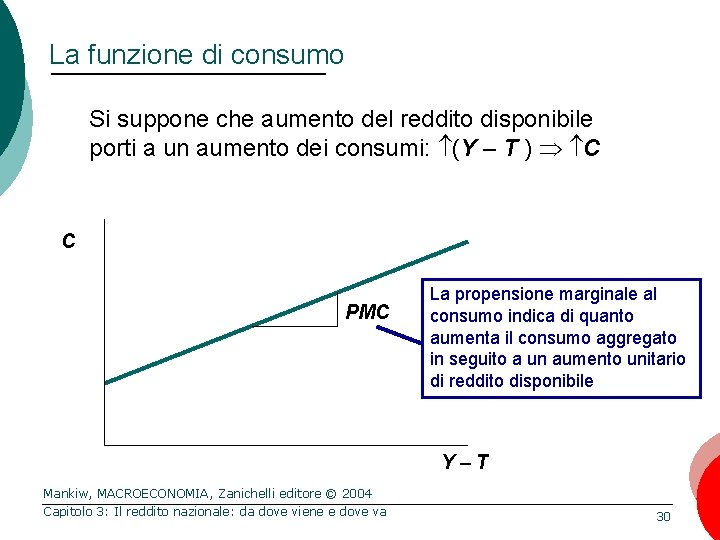 La funzione di consumo Si suppone che aumento del reddito disponibile porti a un