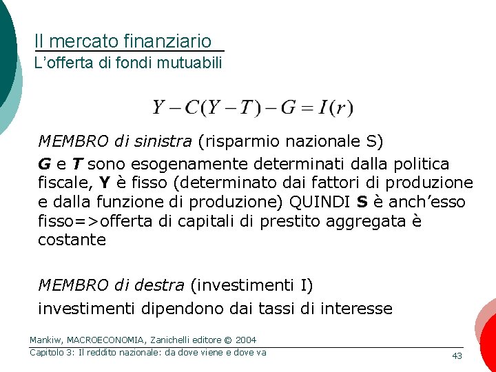 Il mercato finanziario L’offerta di fondi mutuabili MEMBRO di sinistra (risparmio nazionale S) G