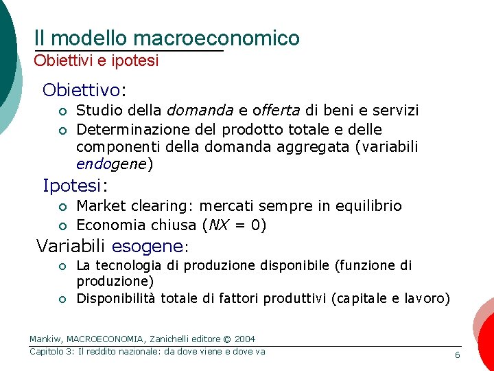 Il modello macroeconomico Obiettivi e ipotesi Obiettivo: ¢ ¢ Studio della domanda e offerta