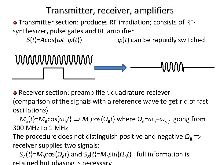 Transmitter, receiver, amplifiers Transmitter section: produces RF irradiation; consists of RFsynthesizer, pulse gates and