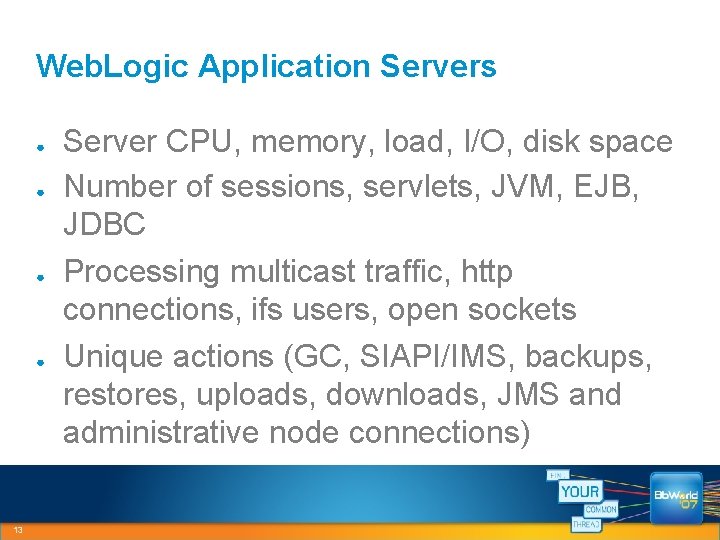 Web. Logic Application Servers ● ● 13 Server CPU, memory, load, I/O, disk space