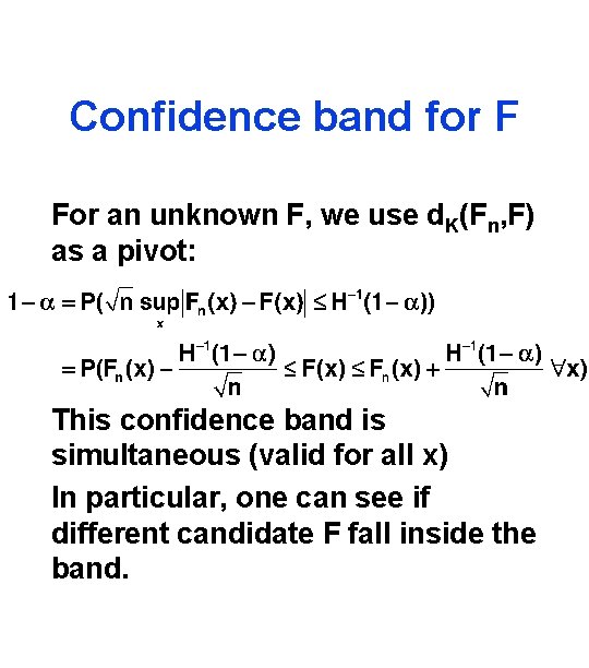 Confidence band for F For an unknown F, we use d. K(Fn, F) as