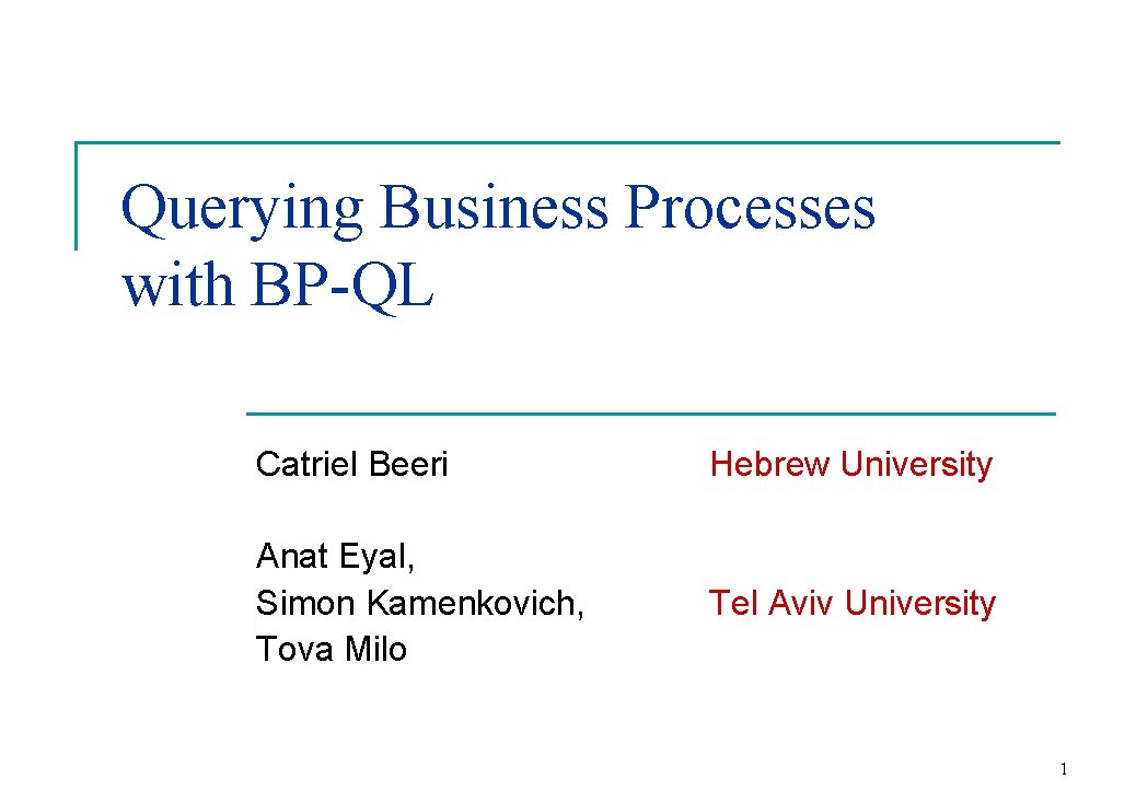 Querying Business Processes with BP-QL Catriel Beeri Hebrew University Anat Eyal, Simon Kamenkovich, Tova