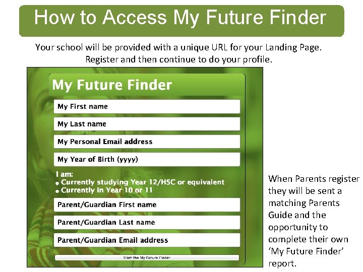 How to Access My Future Finder Your school will be provided with a unique