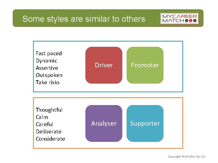 Some styles are similar to others Fast paced Dynamic Assertive Outspoken Take risks Driver