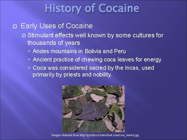 History of Cocaine Early Uses of Cocaine Stimulant effects well known by some cultures