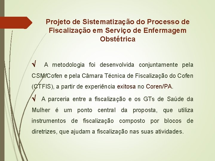 Projeto de Sistematização do Processo de Fiscalização em Serviço de Enfermagem Obstétrica A metodologia