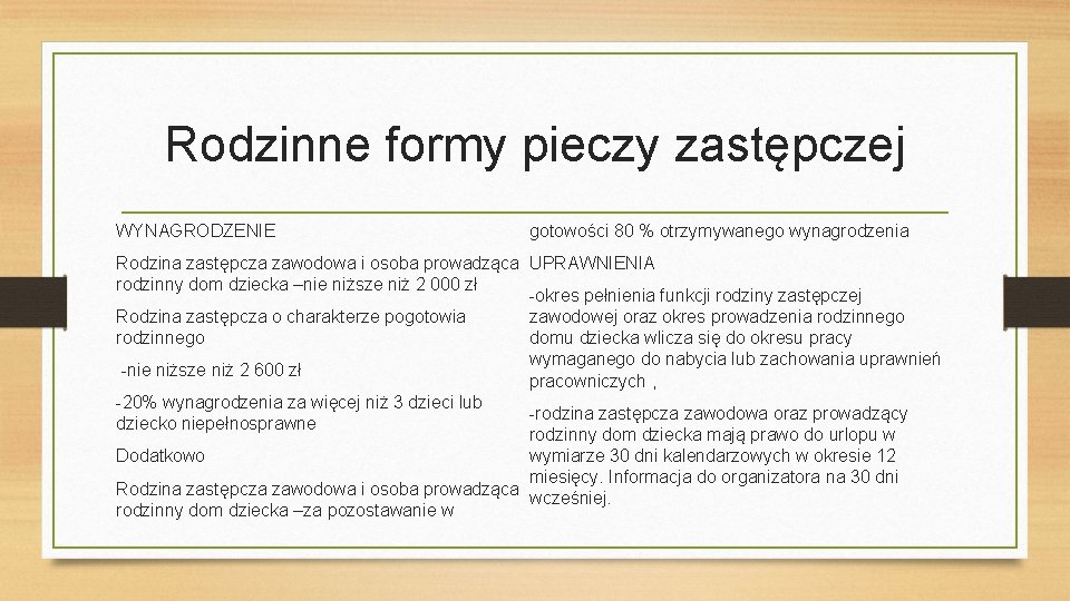 Rodzinne formy pieczy zastępczej WYNAGRODZENIE gotowości 80 % otrzymywanego wynagrodzenia Rodzina zastępcza zawodowa i