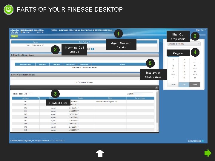 PARTS OF YOUR FINESSE DESKTOP 1 2 Incoming Call Queue Interaction Status Area Contact