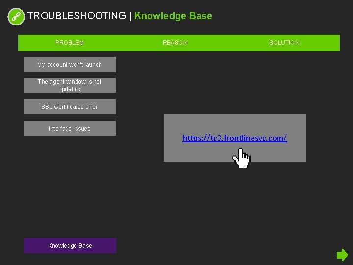 TROUBLESHOOTING | Knowledge Base PROBLEM REASON SOLUTION My account won’t launch The agent window