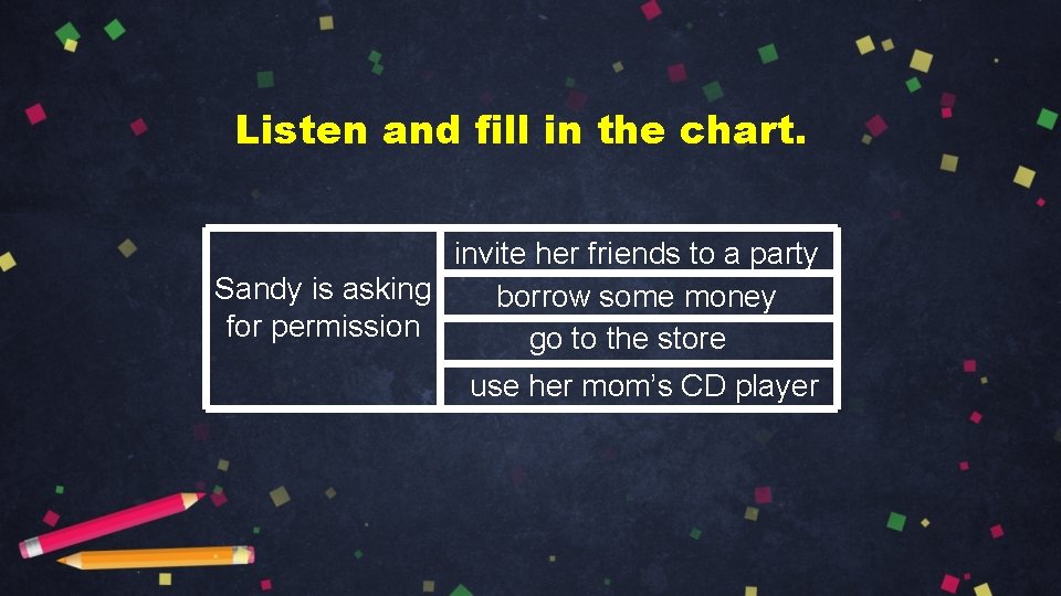 Listen and fill in the chart. invite her friends to a party Sandy is