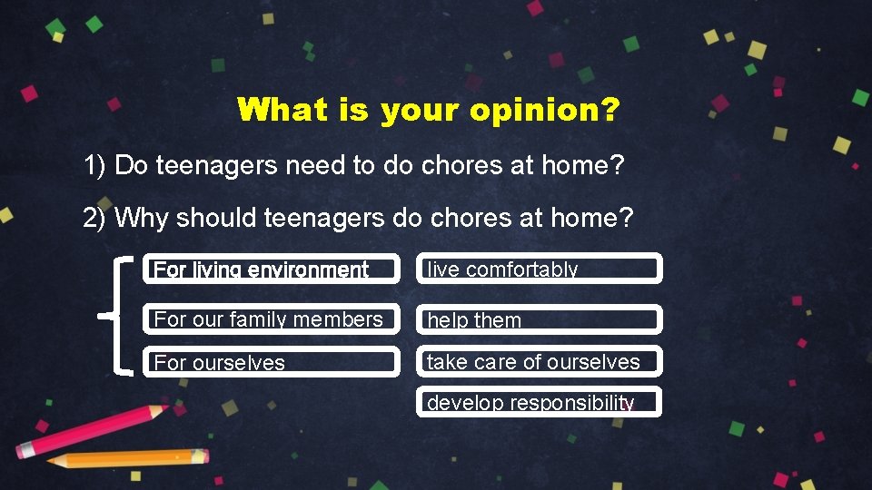 What is your opinion? 1) Do teenagers need to do chores at home? 2)