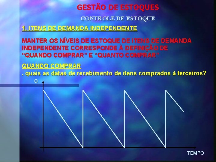 GESTÃO DE ESTOQUES CONTROLE DE ESTOQUE 1. ITENS DE DEMANDA INDEPENDENTE MANTER OS NÍVEIS