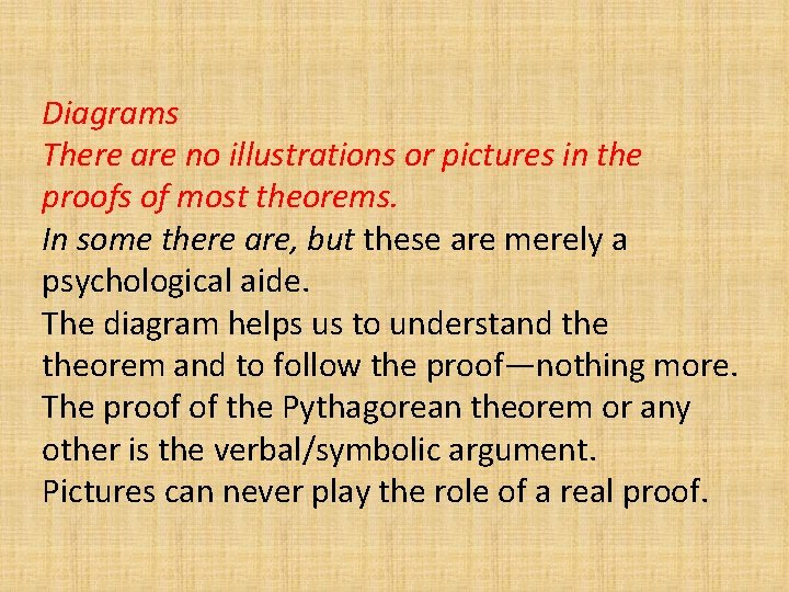 Diagrams There are no illustrations or pictures in the proofs of most theorems. In