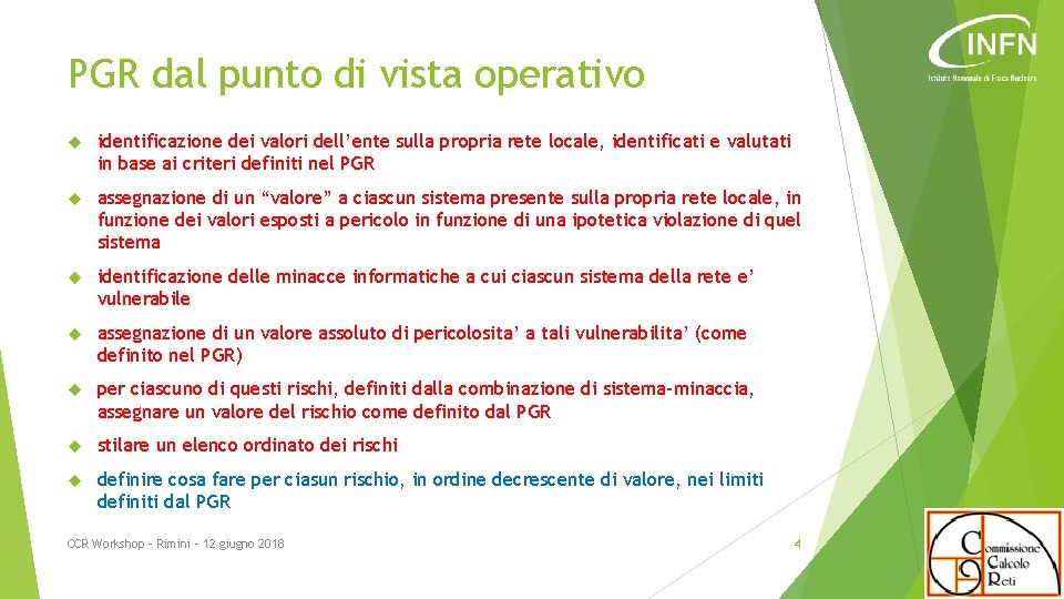 PGR dal punto di vista operativo identificazione dei valori dell’ente sulla propria rete locale,