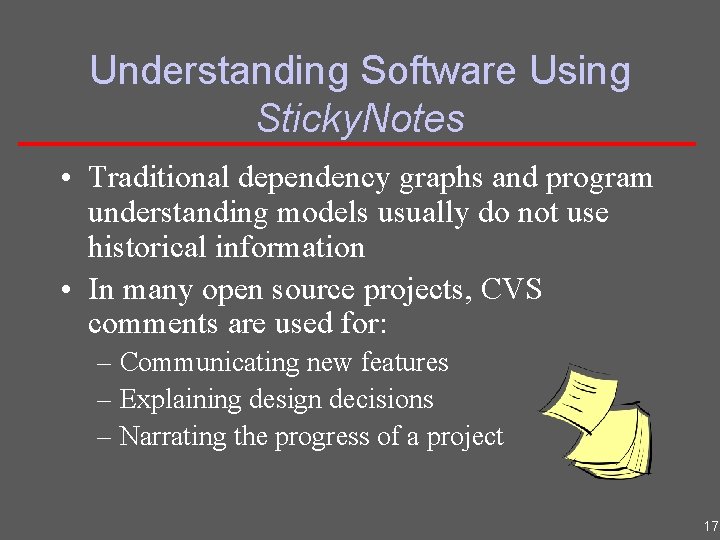 Understanding Software Using Sticky. Notes • Traditional dependency graphs and program understanding models usually