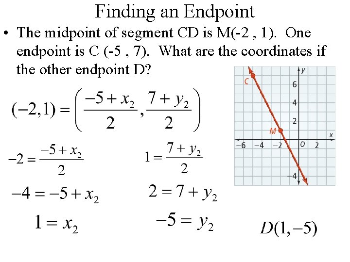 Finding an Endpoint • The midpoint of segment CD is M(-2 , 1). One