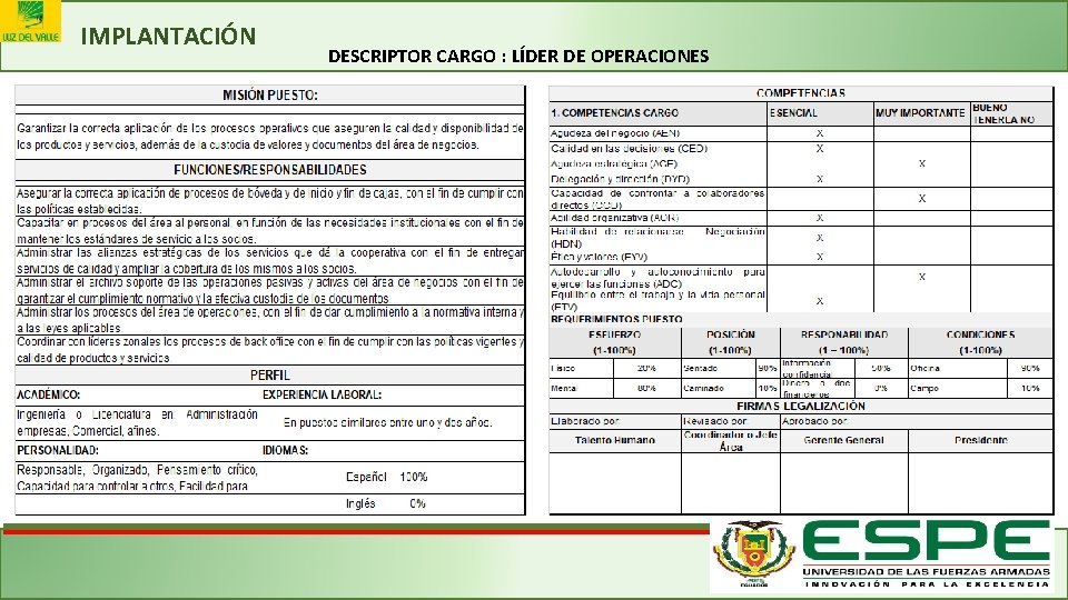 IMPLANTACIÓN DESCRIPTOR CARGO : LÍDER DE OPERACIONES 