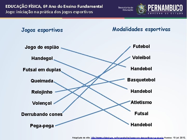 EDUCAÇÃO FÍSICA, 6º Ano do Ensino Fundamental Jogo: iniciação na prática dos jogos esportivos