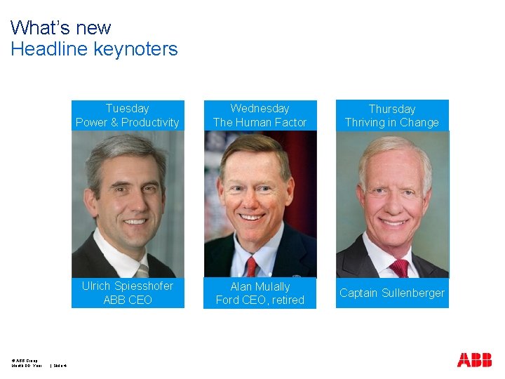 What’s new Headline keynoters © ABB Group Month DD, Year | Slide 4 Tuesday