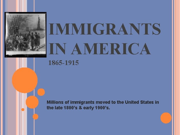 IMMIGRANTS IN AMERICA 1865 -1915 Millions of immigrants moved to the United States in