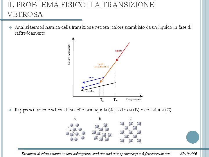 IL PROBLEMA FISICO: LA TRANSIZIONE VETROSA v Analisi termodinamica della transizione vetrosa: calore scambiato