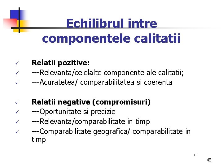 Echilibrul intre componentele calitatii ü ü ü ü Relatii pozitive: ---Relevanta/celelalte componente ale calitatii;