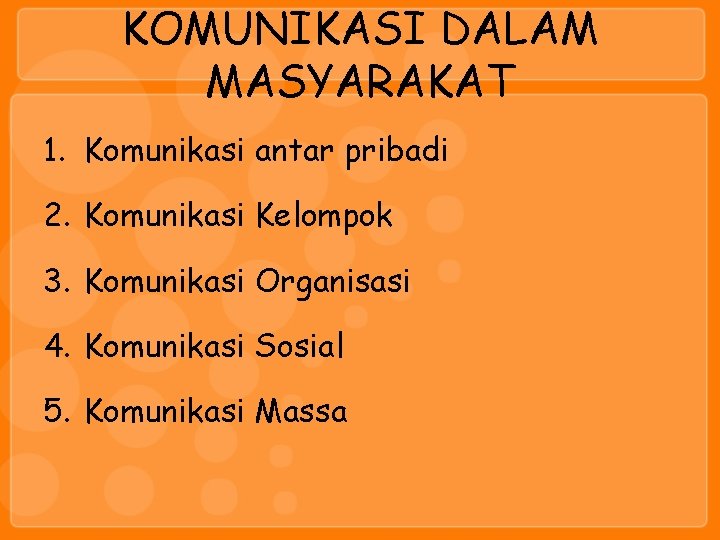 KOMUNIKASI DALAM MASYARAKAT 1. Komunikasi antar pribadi 2. Komunikasi Kelompok 3. Komunikasi Organisasi 4.