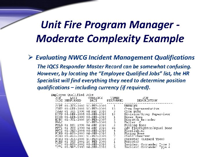Unit Fire Program Manager Moderate Complexity Example Ø Evaluating NWCG Incident Management Qualifications The