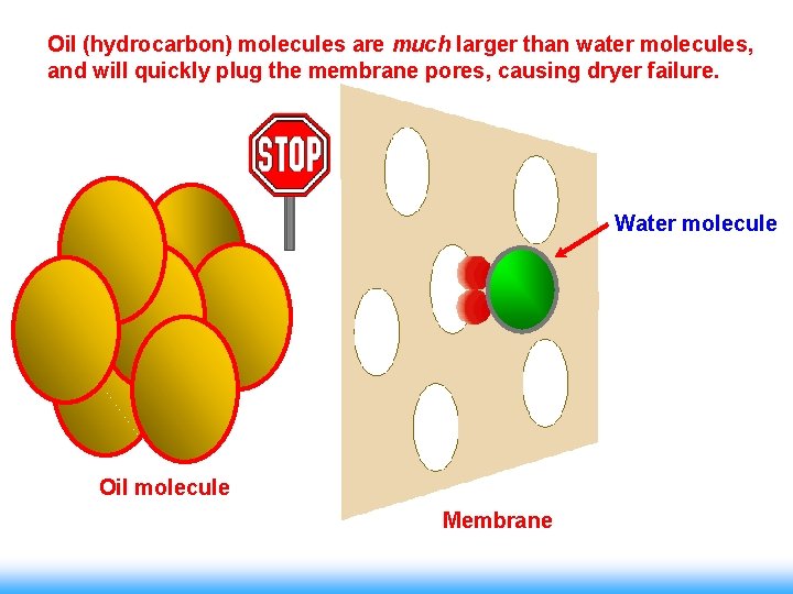 Oil (hydrocarbon) molecules are much larger than water molecules, and will quickly plug the