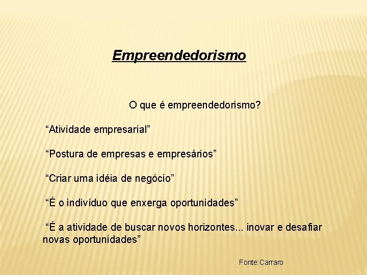 Empreendedorismo O que é empreendedorismo? “Atividade empresarial” “Postura de empresas e empresários” “Criar uma