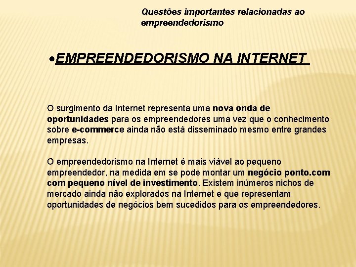 Questões importantes relacionadas ao empreendedorismo EMPREENDEDORISMO NA INTERNET O surgimento da Internet representa uma