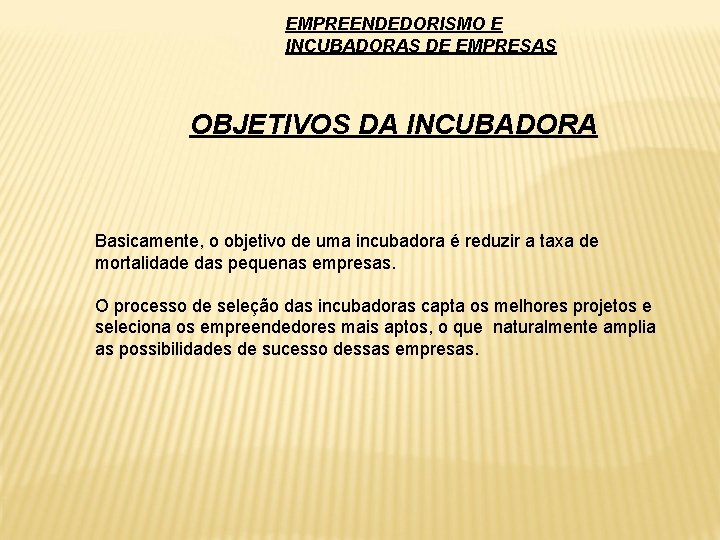 EMPREENDEDORISMO E INCUBADORAS DE EMPRESAS OBJETIVOS DA INCUBADORA Basicamente, o objetivo de uma incubadora