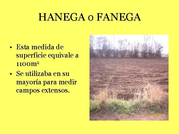 HANEGA o FANEGA • Esta medida de superficie equivale a 1100 m 2 •