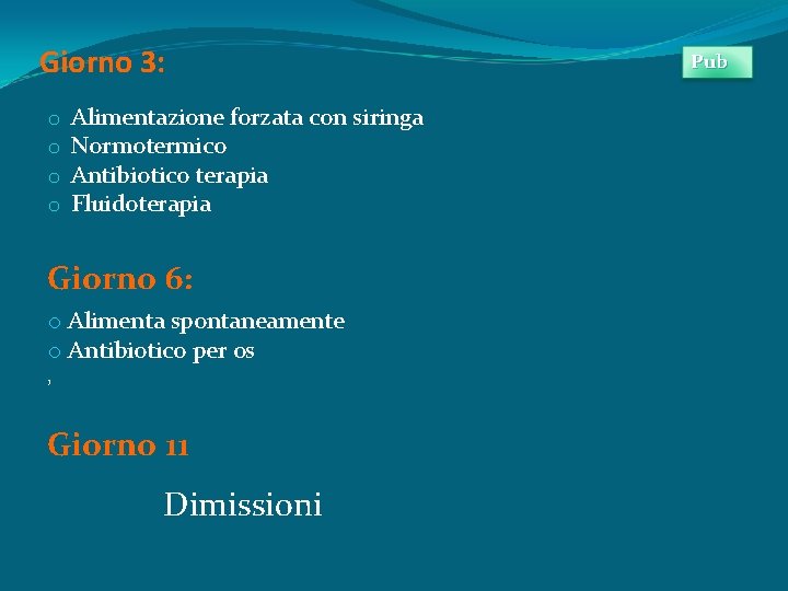 Giorno 3: o o Alimentazione forzata con siringa Normotermico Antibiotico terapia Fluidoterapia Giorno 6: