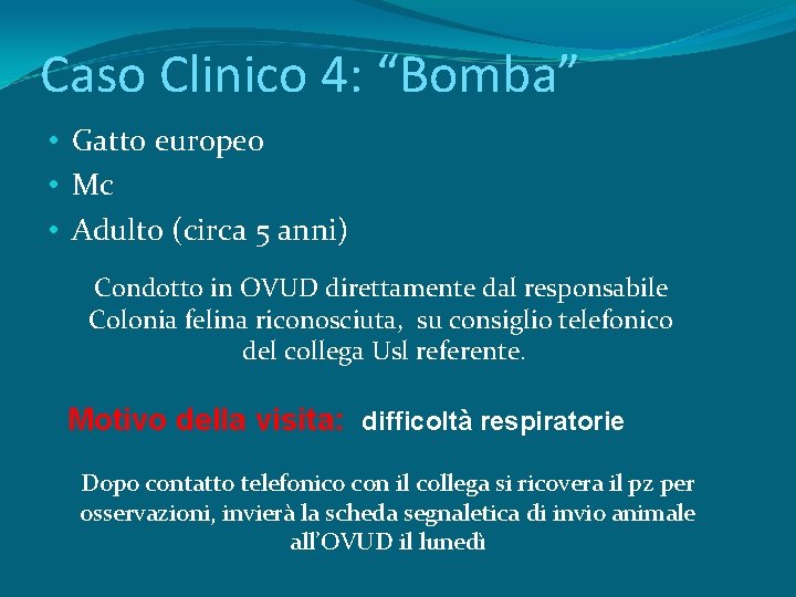Caso Clinico 4: “Bomba” • Gatto europeo • Mc • Adulto (circa 5 anni)