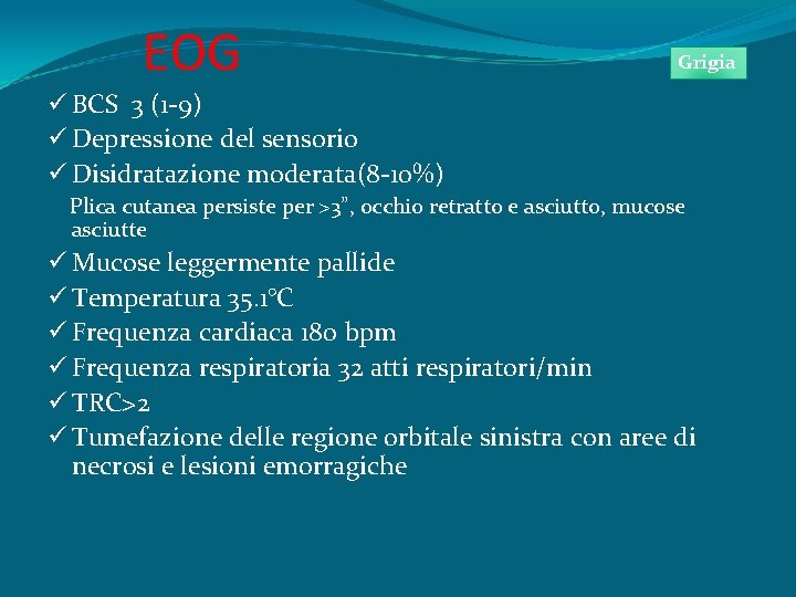 EOG Grigia ü BCS 3 (1 -9) ü Depressione del sensorio ü Disidratazione moderata(8