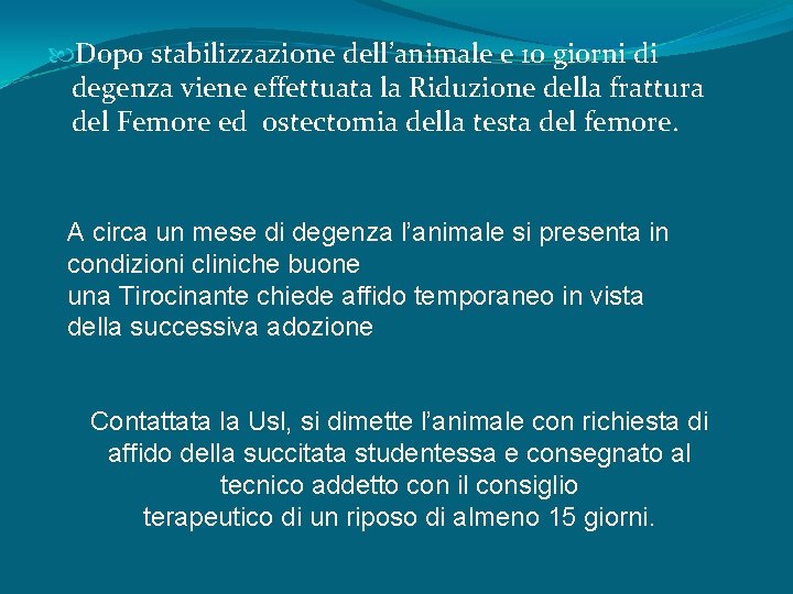  Dopo stabilizzazione dell’animale e 10 giorni di degenza viene effettuata la Riduzione della