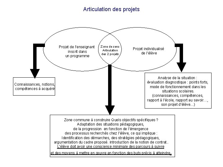 Articulation des projets Projet de l’enseignant inscrit dans un programme Connaissances, notions, compétences à