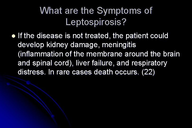 What are the Symptoms of Leptospirosis? l If the disease is not treated, the