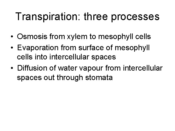 Transpiration: three processes • Osmosis from xylem to mesophyll cells • Evaporation from surface