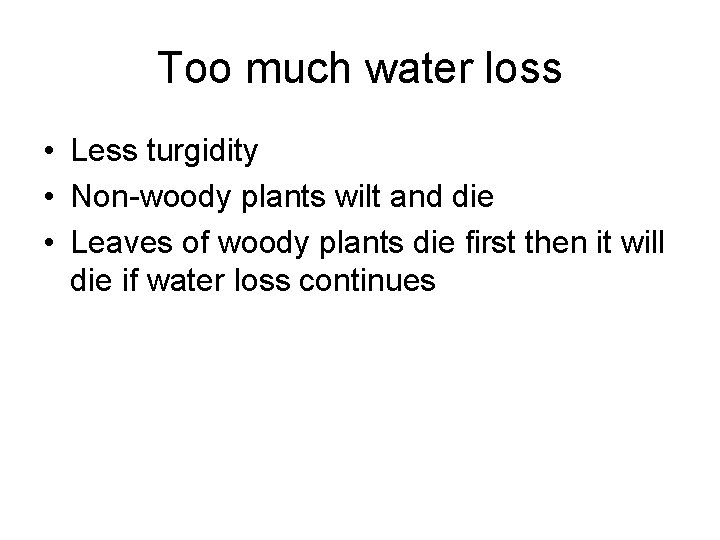 Too much water loss • Less turgidity • Non-woody plants wilt and die •