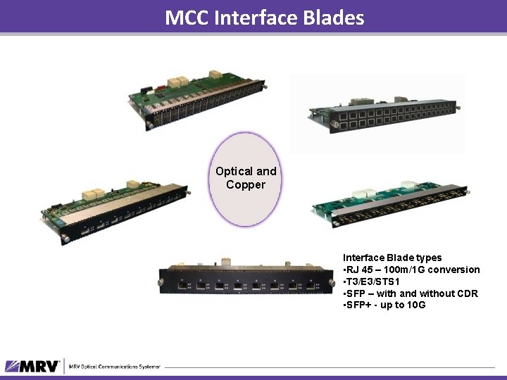 MCC Interface Blades Optical and Copper Interface Blade types • RJ 45 – 100