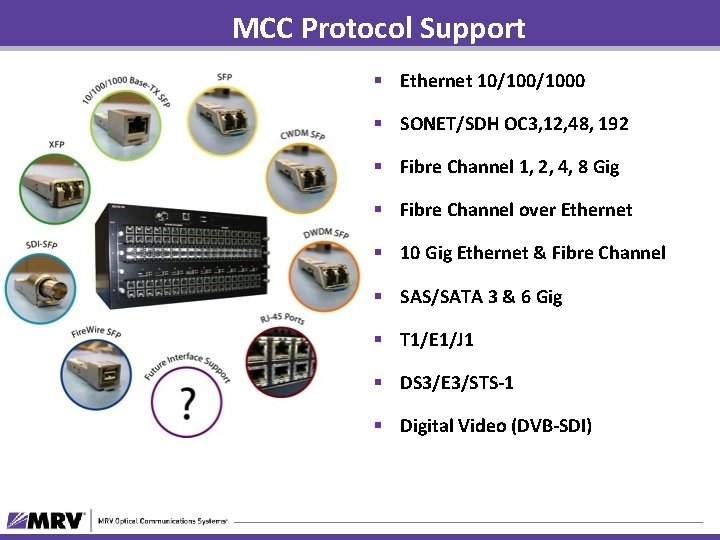 MCC Protocol Support § Ethernet 10/1000 § SONET/SDH OC 3, 12, 48, 192 §