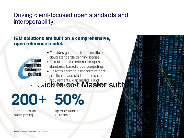 Driving client-focused open standards and interoperability. IBM solutions are built on a comprehensive, open