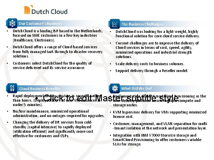 Our Customer’s Business • Dutch. Cloud is a leading ISP based in the Netherlands,