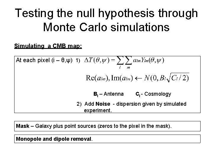 Testing the null hypothesis through Monte Carlo simulations Simulating a CMB map: At each